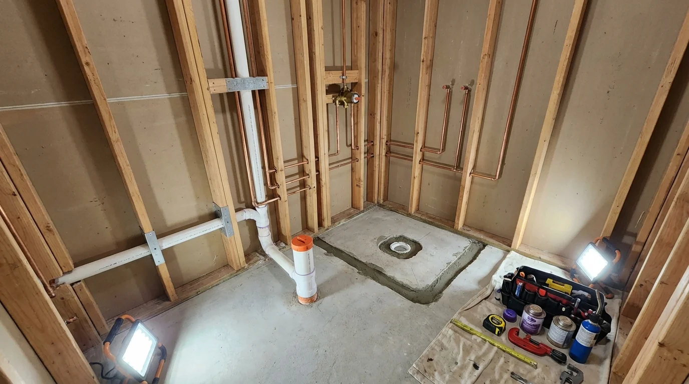 Bathroom rough-in plumbing during remodel by Johns Plumbing LLC in Oakton