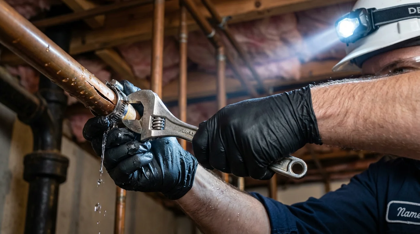 Emergency pipe clamp repair being performed by a Johns Plumbing LLC plumber in Oakton